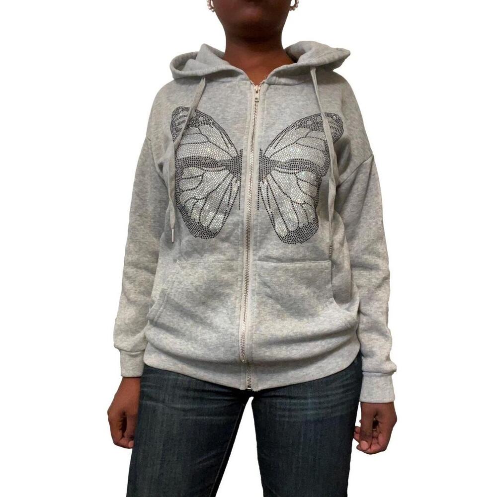 Grey Rhinestone Butterfly Zip Up Hoodie, Small